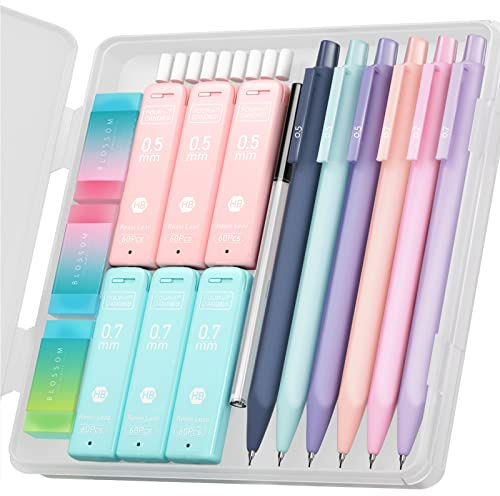 Four Candies Druckbleistift Set, 6 Stück Minenbleistift 0,5 & 0,7 mm, 360 Minen HB, 3 Radierer, Mechanischer Bleistifte Coole Stifte Schulsachen Aesthetic School Stuff Clean Girl Stationery