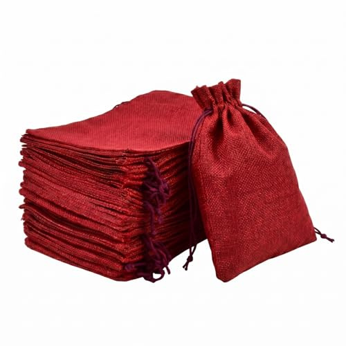 Intckwan 24 Stück Jutebeutel 10x15 cm, Klein Jutesäckchen mit Zugband, Leinen-Optik Geschenkbeutel für Weihnachten, Hochzeit, DIY, Schmuckaufbewahrung (Weinrot)