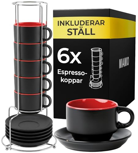 MIAMIO - Espressotassen Set 6 x 75 ml - Le Papillon Kollektion (Rot) | Kaffeetassen Set 6er mit Untertasse & Ständer, Kaffeebecher Keramik, außen matt-schwarz und innen farbig.