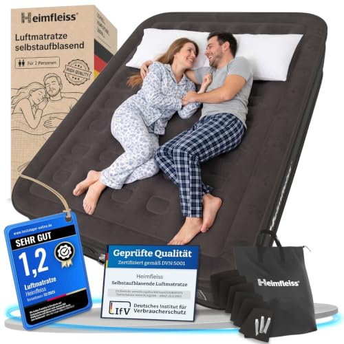 Heimfleiss® Luftmatratze selbstaufblasend 150x200 cm Luftbett 2 Personen | Geräumiges Gästebett für Paare und Familien. Komfortable Oberfläche, tragbar, schnelles Aufpumpen & bis 300 kg belastbar