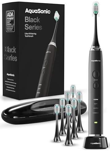 Aquasonic - Black Series Ultra Whitening elektrische Zahnbürste | ADA akzeptierte Zahnbürste, 8 Bürstenköpfe & Reiseetui, 40.000 VPM Elektromotor & kabelloses Laden - 4 Modi mit Smart Timer
