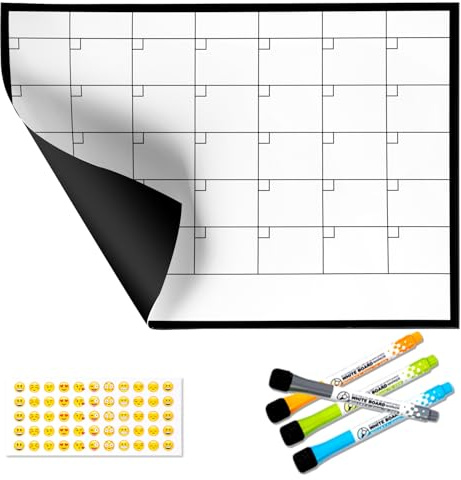 Magnetischer Monatsplaner A4 30x21CM | Abwischbarer Whiteboard-Kalender mit 4 Markern und Emoji. Der perfekte Wandkalender für den Kühlschrank und das Büro. Perfekte Tages- und Monatsplanung.