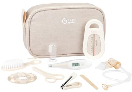 Babymoov Babypflege-Set, Kompakt & praktisch, Ab der Geburt, 9 wichtige Accessoires, darunter Haarbürste, digitales Thermometer, Badethermometer, kleiner Nagelknipser, Nagelschere, Nagelfeile, Sand