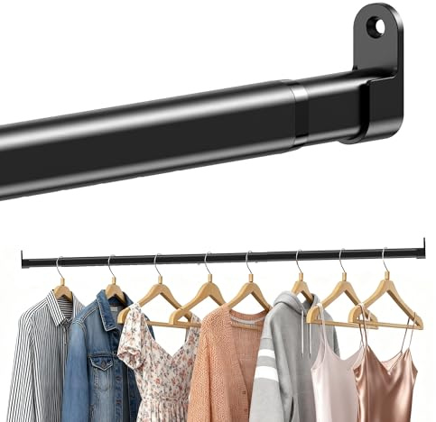 Poskena Kleiderstange für Schrank, Garderobenstange Schwarz Oval 43-101cm | 25mm Kleiderstange Wand Ausziehbar mit 2 Halterung, Klemmstange aus Hochwertigem Edelstahl für Kleiderschrank, Fenster