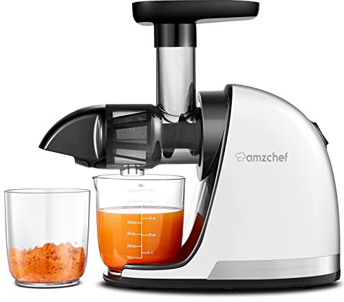 AMZCHEF Entsafter Gemüse und Obst Testsieger - Entsafter Slow Juicer mit Rückwärts-Kau-Funktion - Zartes Zerkleinern ohne Filtern - Saftpresse Elektrisch mit Bürste und 2 Tassen - Rein-weiß
