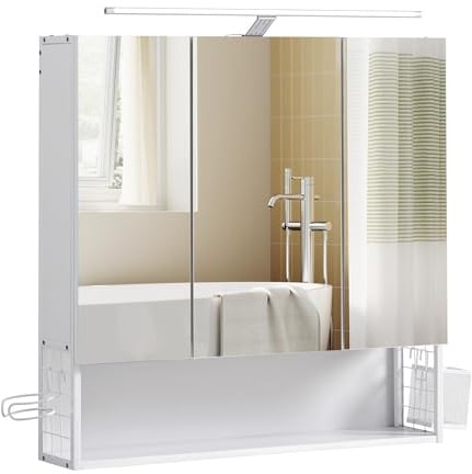 VASAGLE Spiegelschrank Bad mit Beleuchtung, 14,5 x 70 x 70 cm, Stecker, Hängekorb, Haartrockner-Halter, Spiegelschrank, Badschrank, Wandschrank, für Badezimmer, wolkenweiß BBK124W14