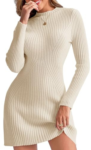 Saodimallsu Damen Strickkleid Langarm Rundhals Bodycon Pulloverkleid Gerippter A Linie Slim Fit Minikleid Elegant Feinstrick Freizeitkleid Herbstkleid Winterkleid Beige S