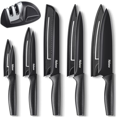 Yabano Messerset mit Messerschärfer - Scharfe Küchenmesser Set - 5-teiliges Küchenmesserset mit 5 Klingenschutzhüllen Anti-Rost-Beschichtung
