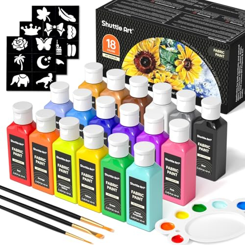 Shuttle Art Textilfarbe waschmaschinenfest, 18 waschfeste Stoffmalfarben (je 60ml) in Flaschen mit Pinseln, Vorlagen, wasserfeste Stofffarben für Kinder auf T-Shirt, Schuhe, Jeans, Tasche, Kleidung