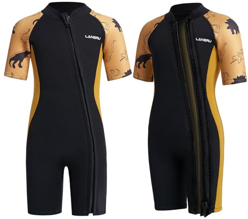Lansru Neoprenanzug Kinder - 2,0 mm Kurz Neopren für Jungen, Pionierweiser Durchgehender Reißverschluss, UV-Schutz, Thermal Wetsuit für Surfen,Schwimmen und Tauchen