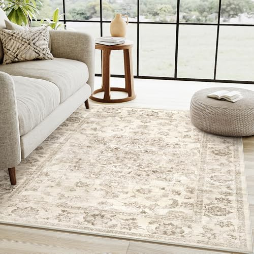 HUGEAR Vintage Teppich Wohnzimmer 120x170cm Beige Waschbar | Waschbarer Retro Teppich,Weich,Rutschfest Kurzflor,Groß,für Wohnzimmer,Schlafzimmer, Esszimmer,Büro,Carpet,Teppiche