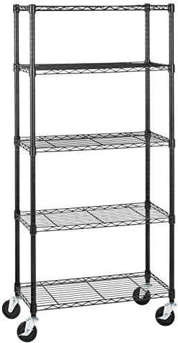 Amazon Basics Lagereinheit mit 5 Regalböden, auf 10,2 cm großen Rollen, mit höhenverstellbaren Einlegeböden und Nivellierfüßen, Maximalgewicht 680 kg, Schwarz, 35.6 x 76.2 x 162.2 cm (T x B x H)