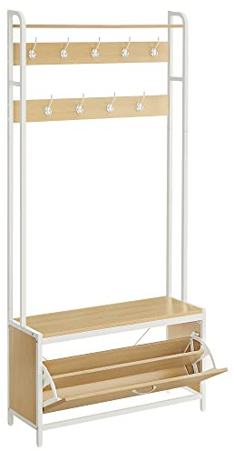 VASAGLE Garderobenständer mit Schuhschrank, 9 Haken, obere Ablage | Kleiderständer, Schuhkipper, Garderobe mit Sitzbank, moderner Stil, goldeichenfarben-mattweiß, BARNET Kollektion HSR405W09