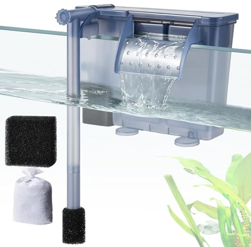VILLNO 7W Aquarienfilter: Ultra-leiser 670L/H Aquarium HOB Außenfilter mit Filterschwamm und Aktivkohle, Einstellbarer Wasserfallfilter für 50-150L Aquarien