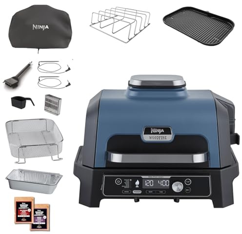 Ninja Woodfire Pro Connect XL Elektrischer BBQ Smoker Grill, App-Steuerung, digitaler Temperaturfühler, Rippenrost, Deckel, großer 7-in-1 Outdoor Grill & Heißluftfritteuse, blau & schwarz OG901EUAMZ