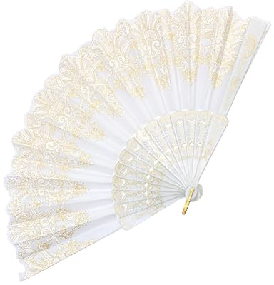 Handfächer, Fächer Hochzeit, Fecher Damen, Handfächer Stabil, Hand Fan, Fächer Faltbar mit Golddruck für Sommerpartys, Rollenspiele, Tanzvorführungen, Hochzeits Dekorationen (Weiß)
