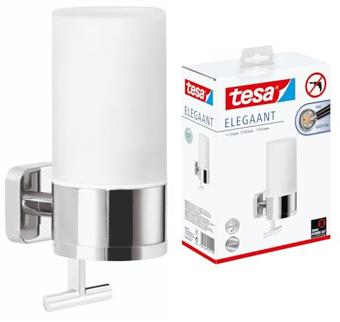 tesa ELEGAANT Seifenspender-Set - 230 ml - 73 mm x 192 mm x 115 mm | Flüssigseifenspender zur Wandbefestigung ohne Bohren - aus Milchglas und verchromtem Metall - inkl. Klebelösung
