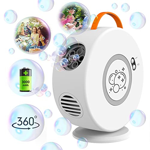 Seifenblasenmaschine, Blasenmacher Spielzeug für Kinder, 90°/360°drehbar, Tragbare Automatischer Seifenblasen Maschinen mit 500ml, Spielzeug Outdoor Indoor Geschenk Spiele ab 3 Jahre Weiß