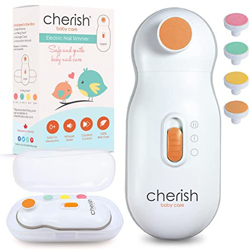 Cherish Baby Care Elektrische Nagelfeile Baby - Automatischer Sicherheitsstopp, Baby Nagelfeile Elektrisch mit 4 Feilpads, Baby Nagelset mit Etui, Baby Must Have Neugeborene (0-12+ Monate)