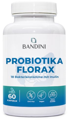 Bandini® FLORAX PROBIOTICS | Kulturkomplex | mit je 20 Milliarden KBE/g | | 18 Bakterienstämme | Probiotika + Laktobazillen, Bifidobakterien | 60 Kapseln | 1 Kapsel/Tag für 2 Monate Versorgung