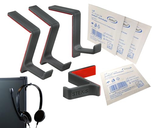 STEKIS Headset Halterung Monitor – 4er Set Kopfhörer Haken Small | Für schmale Office-Kopfhörer bis 22 mm Bügelbreite, passend für Bildschirm-Rahmen ab 10 mm, inkl. Reinigungstuch.