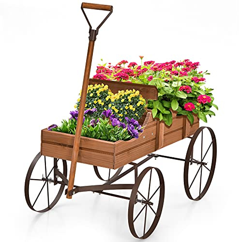 RELAX4LIFE Blumenständer mit 4 Rädern aus Metall, Pflanzwagen aus Massivholz, Holzwagen bis zu 15 kg belastbar, Blumenkasten für Garten & Balkon & Terrasse, Blumenwagen Bollerwagen Deko (Braun)