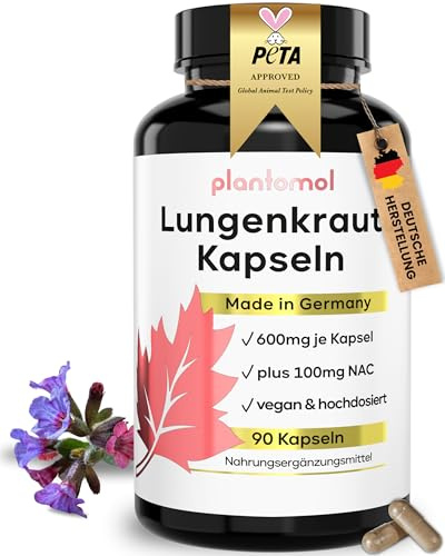 Lungenkraut Kapseln hochdosiert - 600mg Lungwort pro Kapsel - plantomol® | Lungenkraut hochdosiert - angereichert mit Kupfer und Vitamin B2 als Lungen-Power-Komplex - 3-Monatsvorrat