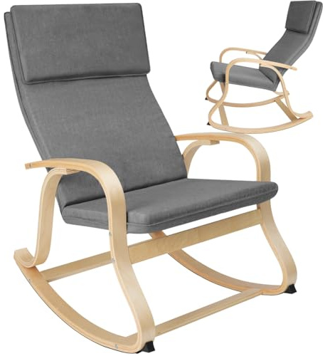 tectake® Holz Schaukelstuhl, Schaukelsessel mit Armlehnen, Rocking Chair, Sessel für Wohnzimmer, Babyzimmer, als Stillstuhl oder Sessel Schlafzimmer, Möbel mit Auflage und Kissen bis 150kg - hellgrau