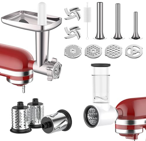 COFUN Gemüseschneider- und Fleischwolf-Set für KitchenAid Küchenmaschinen | Inklusive Fleischwolf mit 4 Mahlscheibe 3 Wurstfüllhörner und 3 Edelstahl-Schreddern – Aufsatz für KitchenAid