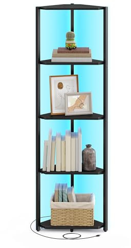 VASAGLE Eckregal mit 5 Ebenen, Einstellbarer LED-Beleuchtung | Bücherregal mit Stahlrahmen, 48,8 x 248,4 x 146,5 cm, Ebenholzschwarz und Tintenschwarz, BARNET Kollektion LBC590B02