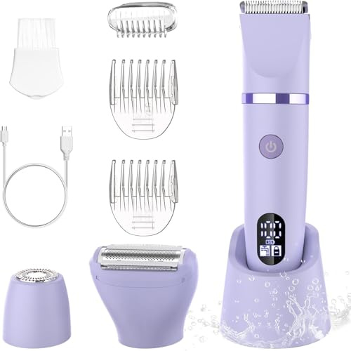 Damenrasierer für Gesicht, Achseln, Beine, Arme & Bikinizone Rasierer Elektrorasierer für Frauen Körpertrimmer Intimrasierer Bikini-Trimmer für Frauen IPX7 Wasserdicht Nass/Trocken LCD-Display Lila