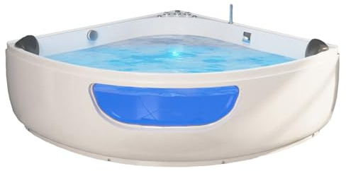 Tronitechnik® Eckbadewanne mit Whirlpool 150x150cm mit Sitz Acrylwanne für Zwei Personen, Eck-Badewanne mit Armatur, freistehend und vormontiert Indoor Whirlpoolbadewanne mit LED