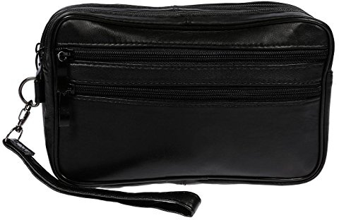 Christian Wippermann Handgelenktasche Herren Leder - Doppelkammer, Echt Leder, 22x13,5x6 cm - Abnehmbare Trageschlaufe - Hochwertige Reißverschlusszipper - 5 Fächer - Elegante Herrengelenktasche