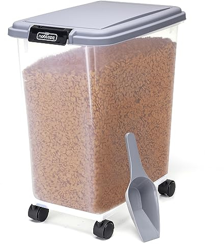 Nobleza - Futterbehälter für Haustiere,40 L,für Haustiere, Lebensmittelbox mit Rädern,Klappdeckel,Luftdicht,Transparent, Rollen und Schaufel,für Hunde und Katzen,Grau