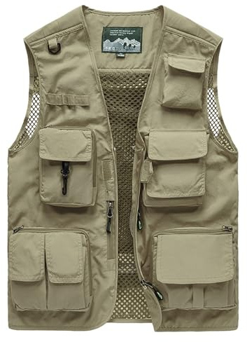 Vanchenl Herren Freizeit Safari Angeln Outdoor Arbeit Weste Jacke Foto Reise Cargo Mesh Weste Multi Taschen Khaki L