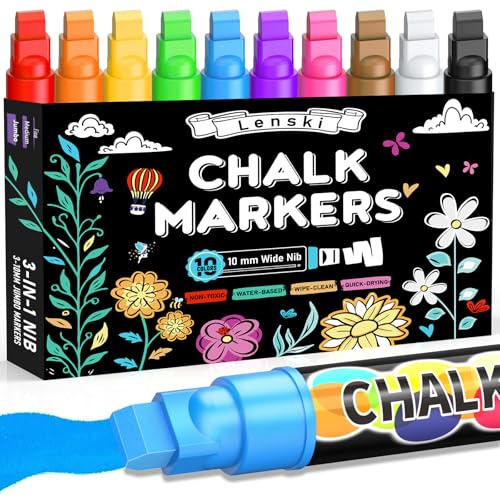 Lenski 10 Kreidestifte für Tafel Abwaschbar, Kreidestifte für Fenster | 3-IN-1 Spitze 10mm Kreidemarker Fensterstifte, Whiteboard Marker Stifte Glasmalstifte, Adventskalender Füllung Kinder Mädchen