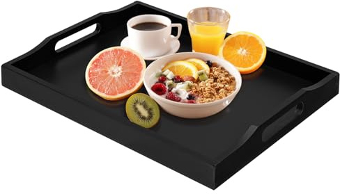 Bambus-Serviertablett mit Griffen, Betttablett für Lebensmittel, Snacks, Holztablett, Frühstückstablett, Abendessen, dekorative Aufbewahrung von Lebensmitteln,Ottoman-Tablett für Küche (Schwarz)