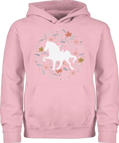 Kinder Hoodie Jungen Mädchen - Pferde - Pferd mit Blumen - 140 (9/11 Jahre) - Hellrosa - pferdepullies pferdepullover reiten horses pullover reitbekleidung reithoodies pferdeliebhaber tiermotiv