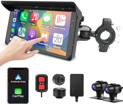 VSYSTO Motorrad Carplay Bildschirm, Kabelloses Carplay und Android Auto mit Dashcam Vorne Hinten 1080P für Moto, 5 Zoll Wasserdichter Touchscreen mit GPS Navigation, BT Audio, Siri Assistant, TPMS