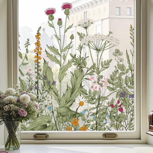 Fensterfolie Fenster Frühlingsdekor Fensterglasfolie Botanisches Blumenmuster Statisch haftend Anti-UV Kein Klebstoff Wiederverwendbar Geeignet für Wohnzimmer Durchsichtig, Wildblumen, 44X200CM