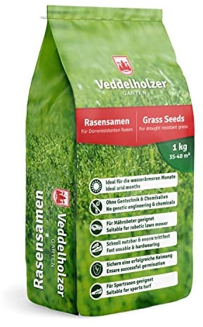 Veddelholzer Rasensamen dürreresistent für Trockenrasen & Schattenrasen Samen Grassamen schnellkeimend ideal als Saatgut für Sport und Spielrasen Rasen für Mähroboter im Garten geeignet 1 kg = 40 m²