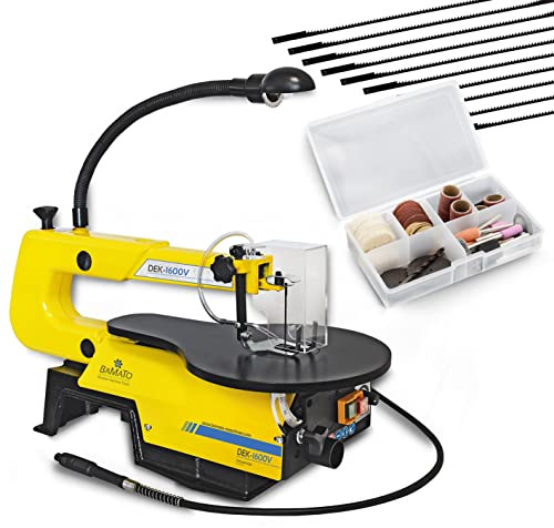 BAMATO DEK-1600V_SET1 | Dekupiersäge inkl. 10 Sägeblätter und 64 tlg. Werkzeug-Set | Integrierte Abblasvorrichtung | Stift-/Laubsägeblätter | Elektrische Laubsäge