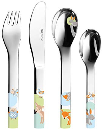 Puresigns 2090400 Woody Kinderbesteck Tiere Edelstahl Poliert Silber 4-teilig