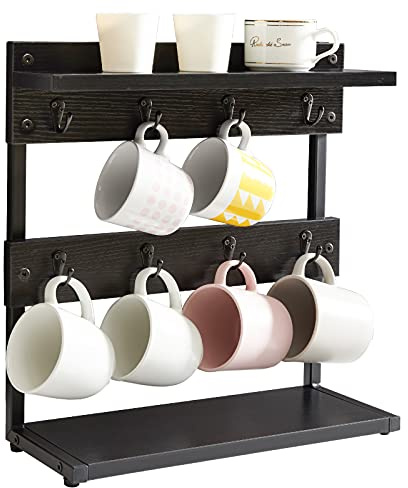 IBUYKE Tassenhalter mit 8 Haken,Kaffeetasse Organizer Holz,Schwarz | Kaffeetasse Halter für Küchentheke Tassenständer Bechergestell mit Aufbewahrungsboden für Küche Café TBJ002B