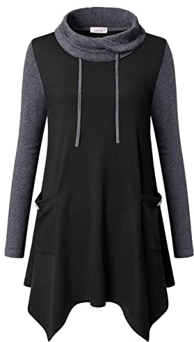 Amrto Damen Tunika Longpullover Turtleneck Langarm Shirts Bluse Casual Pullover Mit Taschen Lange Sweatshirt mit Asymetrischem Saum