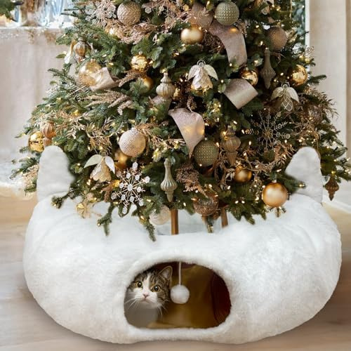 Fayavoo Katzentunnel Weihnachtsbaum mit Katzenbett Große Plüsch Katzenhöhle | Flauschiger runder XXL Katzentunnel, flexible Form, waschbare Matte & kuschelige Peekaboo-Katzenhöhle für kleine Haustiere