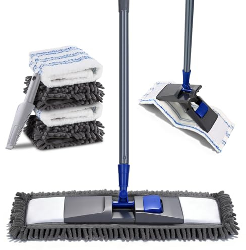 Masthome Wischmopp Set mit 4 Wischpads, Chenille Bodenwischer mit Lang Griff, Mikrofaser Flachmopp for Hardwood, Marble, Tile Reinigung, Senden 1 Schaber, Blau