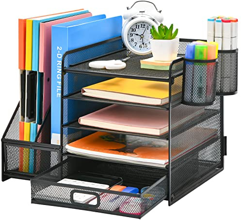 Marbrasse Schreibtisch Organizer mit Aktenhalter, 5 Ebenen Papier Briefablage mit Schublade und 2 Stiftehalter,Schreibtisch Netz Ablagefächer Organizer mit für Büro Bedarf (Schwarz)