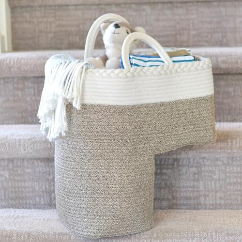 NEObirdie Treppenkorb für Teppich- und Holztreppen, Baumwollseilkorb, Griffe, Aufbewahrung, Treppenstufenkorb für Wäsche, Spielzeug, Kinderzimmer, cremefarben und braun, 40 cm L x 20 cm B x 40 cm H