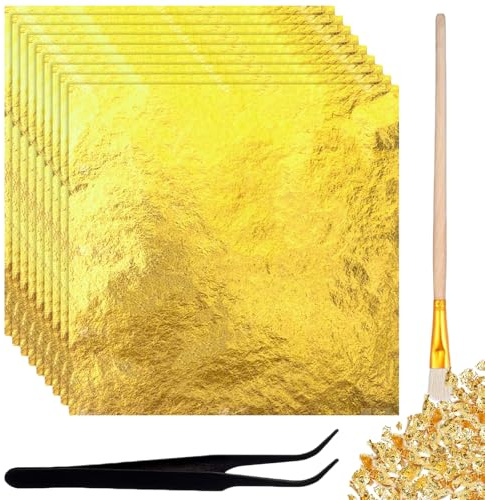 200 Blatt Blattgold mit Pinzetten und Bürsten, 14 X 14 cm | Torten Deko, Basteln Gold Folie Flocken Blattgold Papier, Für Malerei Mousse Kuchen Handwerk Nägel Holz Möbel Dekoration